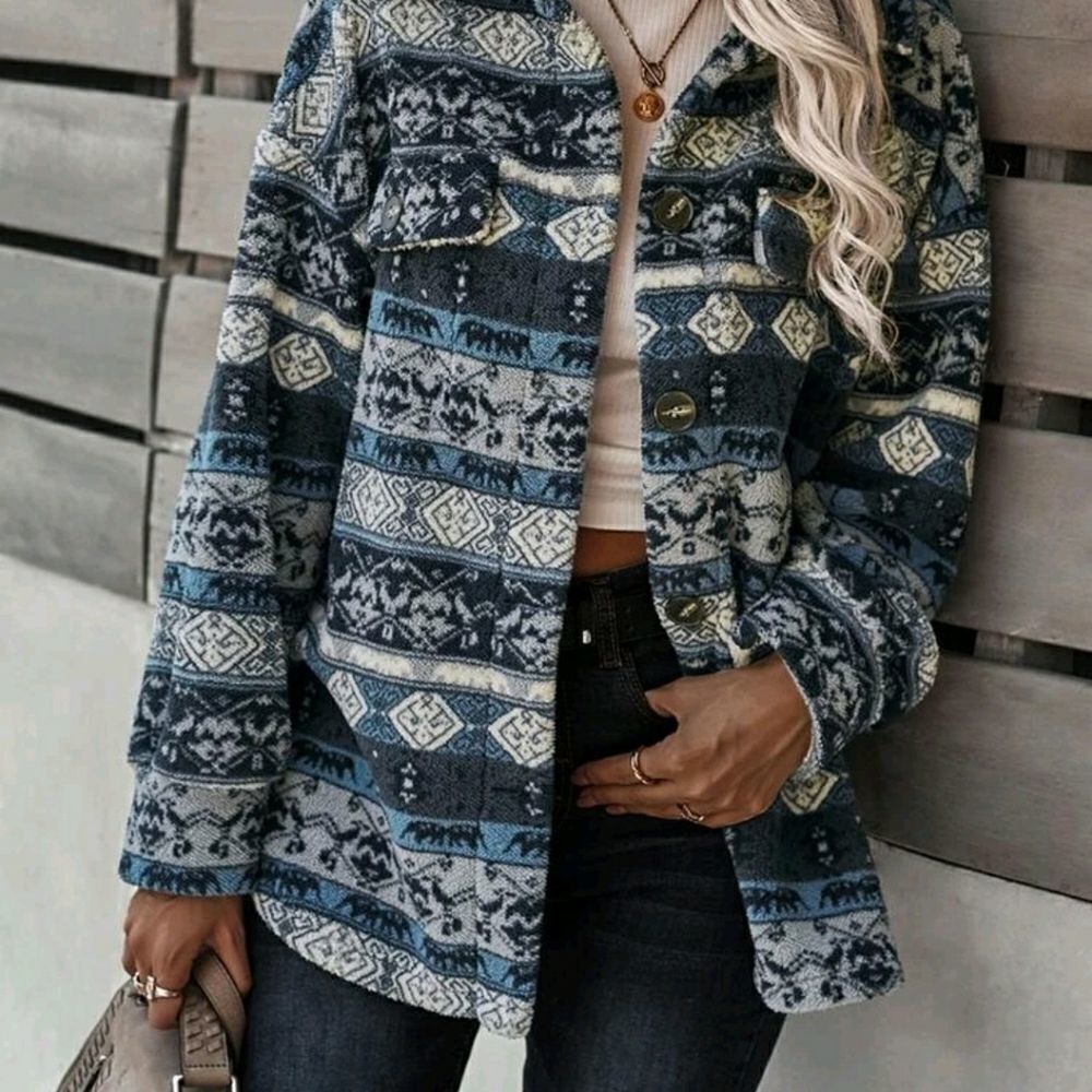 Geo Pattern Drop Shoulder Fleece Coat